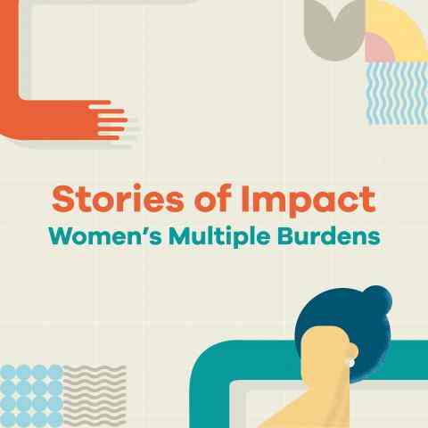 Colorful geometric vectors around the following text: Stories of Impact: Women's Multiple Burdens