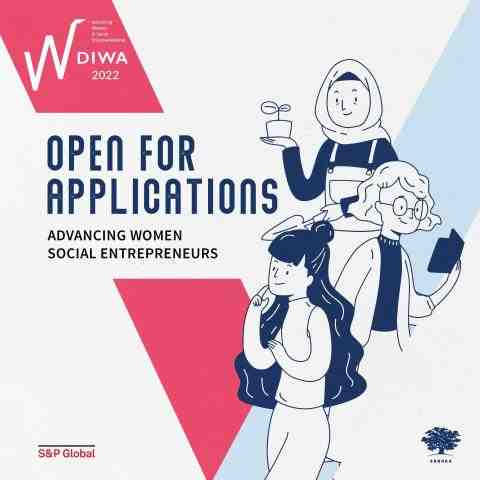 Illustrations of women with text "DIWA: Call for Applications"