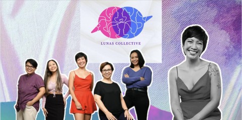 A group of women posing in front of the Lunas Collective logo