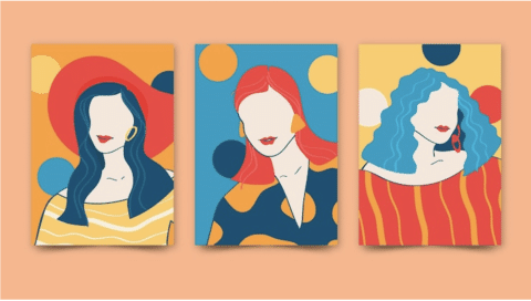 Three canvases side by side which feature outlines of women in pop art style