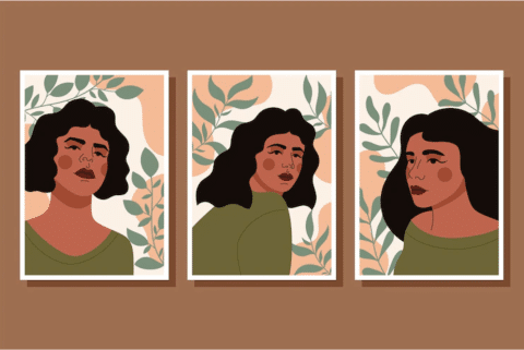 Three canvases side by side which feature illustrations of brown women