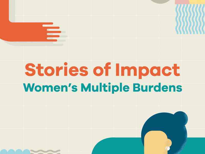 Colorful geometric vectors around the following text: Stories of Impact: Women's Multiple Burdens